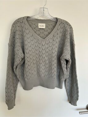 Steven Alan V-Neck Eyelet Knit Sweater in Light Gray 100% Cotton